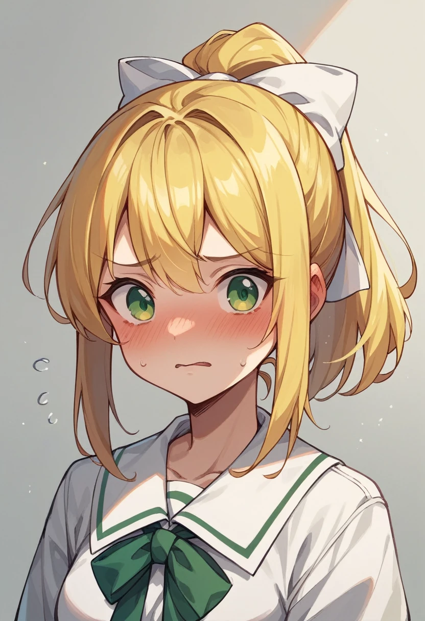 Highest quality、Super detailed、Yellow Hair、had green eyes、1 cute embarrassed anime girl、White ribbon、ponytail、Bust up shot