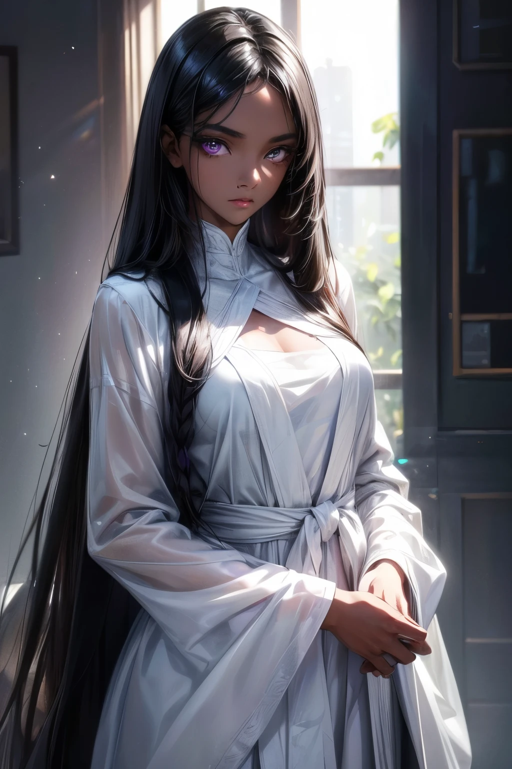 A with jet black straight hair, Dark Skin, Latin, Purple Iris, Delicate eyes, Delicate face, Wear white clothes that show your body lines,Light, Fuller body,Realistic concept art with strong backLighting