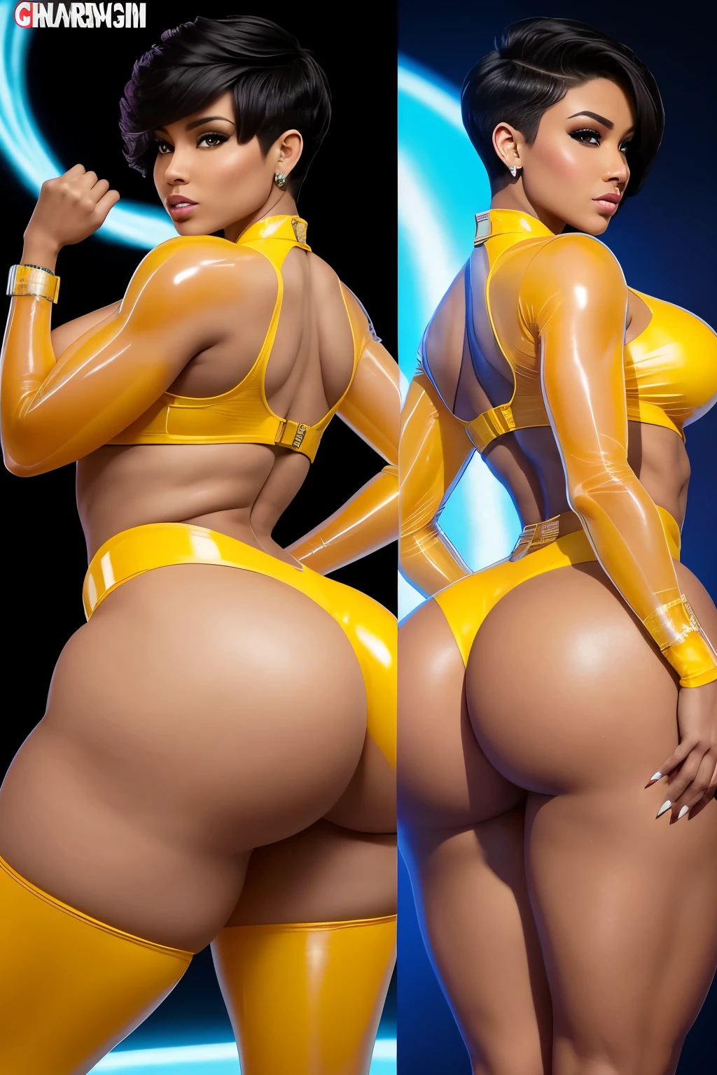 epic cover:
Objective: Highlighting the unique and captivating physique of a woman with a HUGE "hyperass" figure, reminiscent of Cherokee D'Ass (aka CherokeeDass), and contrasting it with a frame and short pixie hairstyle.
She has a HUGE "hyperass" physique like Cherokee D'Ass (aka CherokeeDass) with tiny, Arianne Grande-like features, including big lips, and a short pixie hairstyle. The focus is on her stunning figure, with lots of translucent inflatable parts and big puffy sleeves jacket adding an element of V