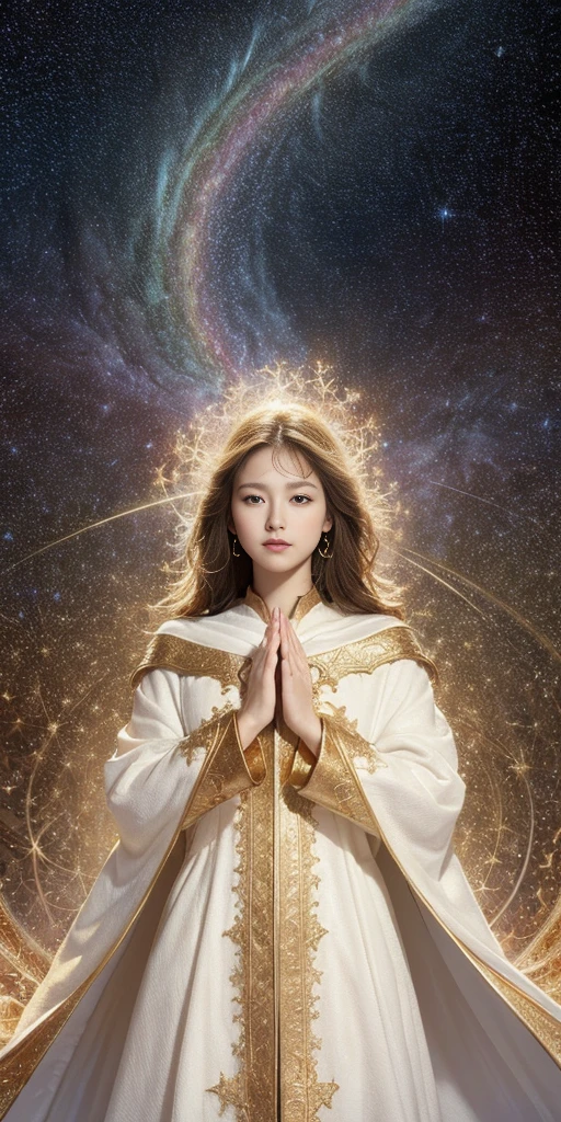 (Masterpiece, Top Quality, Best Quality, Official Art, Beauty and Aesthetics: 1.2), (1 Girl), Extreme Detail, (Fractal Art: 1.3), Colorful, Supreme Detail, Perfect Face, Upper Body, HDR, Prayer, (White Cloak Golden Lines: 1.2), Starry Sky, Shooting Star, Light Stripes, Surrealism.