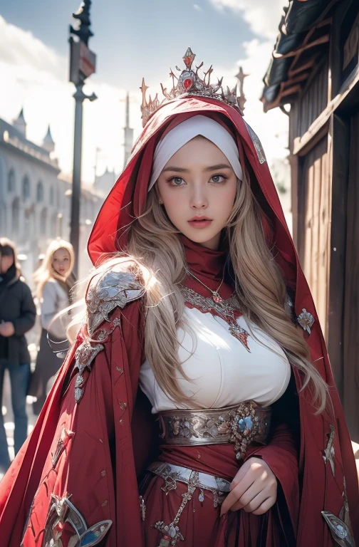 Elegant armor,princess, Full body, wearing a hijab , crown luxury , blue eye, blond hair, around 17 years old, (red silver hijab), tmasterpiece，Best quality at best，A high resolution，8K，((Portrait))，(upper body)，Original photo，real photograph，digital photography, (Medieval angel princess in fantasy style), sexy princess ，blue eye， super colossal breast, pointy colossal breast extravagant ornament，cparted lips，Keep your mouth shuegant and charming，((Blushing))，virgin content，Calm and handsome，(Medieval fantasy armor, The Beautiful super pointy breast, small waist, perfect colossal breast of princess body, a blue delicate pattern，red Cloak)，(anhelic princess character medieval fantasy style，oc render reflection texture, sexy style,  sexy colossal breast , medieval castle background, slim body, very small waist, (luxury armor pattern) , super slim , sexy style, angel 4 wings