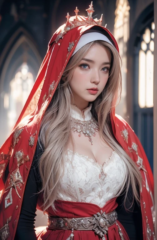 Elegant armor,princess, Full body, wearing a hijab , crown luxury , blue eye, blond hair, around 17 years old, (red silver hijab), tmasterpiece，Best quality at best，A high resolution，8K，((Portrait))，(upper body)，Original photo，real photograph，digital photography, (Medieval angel princess in fantasy style), sexy princess ，blue eye， super colossal breast, pointy colossal breast extravagant ornament，cparted lips，Keep your mouth shuegant and charming，((Blushing))，virgin content，Calm and handsome，(Medieval fantasy armor, The Beautiful super pointy breast, small waist, perfect colossal breast of princess body, a blue delicate pattern，red Cloak)，(anhelic princess character medieval fantasy style，oc render reflection texture, sexy style,  sexy colossal breast , medieval castle background, slim body, very small waist, (luxury armor pattern) , super slim , sexy style, angel 4 wings