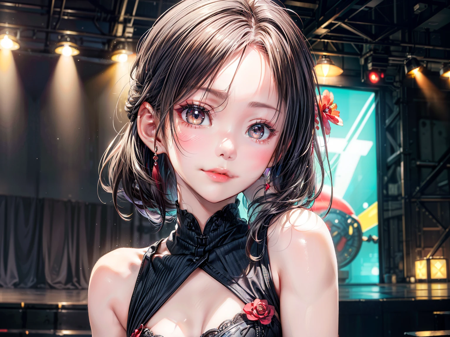 ((Best of the highest quality, 8k, Masterpiece, raw photo: 1.1)), (Sharp focus: 1.1), (1 AESPA, slim body type female, 22 y/o: 1.1), solo, Portrait Waist Up, (realistic, photo-realistic:1.37), face focus, cute face, finely eyes, (forehead, short bob hair, updo: 1.28), (sharp chin, droopy eyes: 1.32), (Emphasize prominent aegyo-sal with bright: 1.28), shimmering eyeshadow applied under the lower lash line, paired with thick, (small breasts, flat chest: 1.2), alternative outfit, walking on stage, microphone, flower,