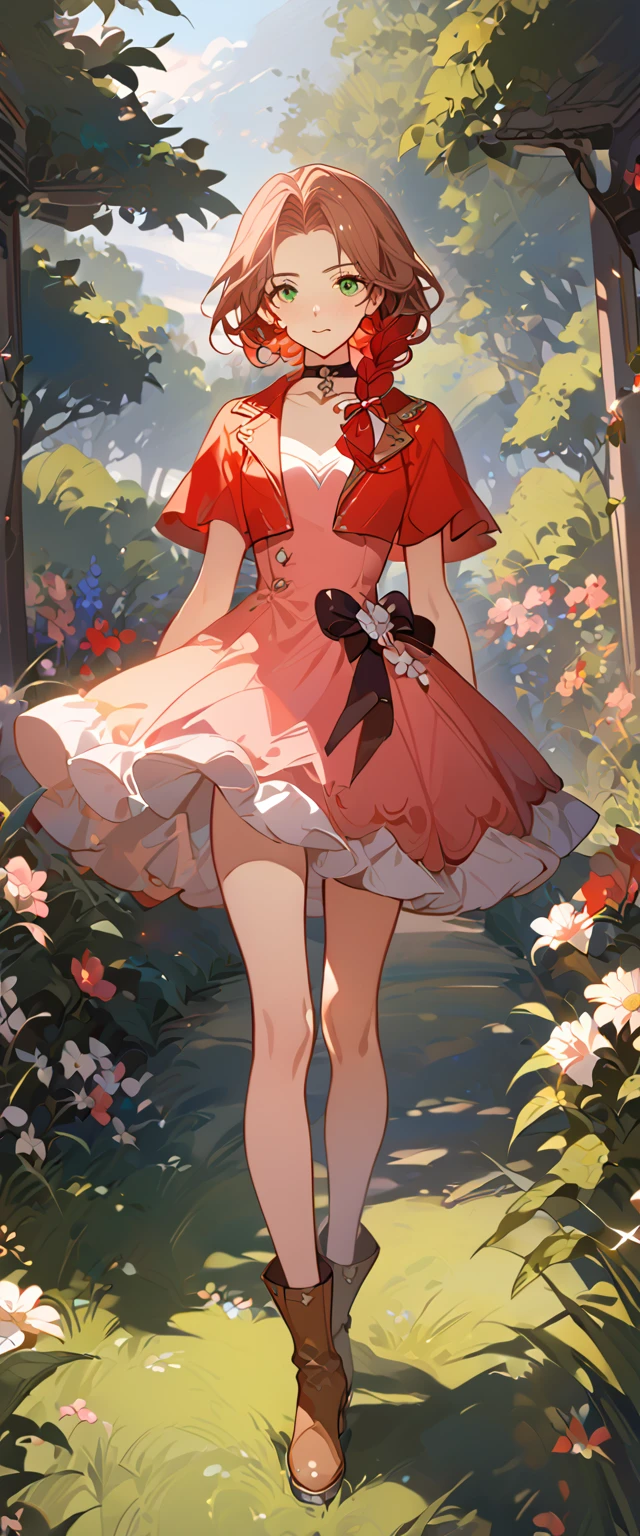 masterpiece, best quality, 8k, 4k, 1girl, aerith gainsborough, brown hair, braided, green eyes, red hair ribbon, braided long ponytail, red bolero jacket, cropped jacket, choker, long pink dress, pink hair bow, brown boots, bangles, walking in a garden, flowers, detailed background,, inspired by Asukaziye artist : ask, art style : ask