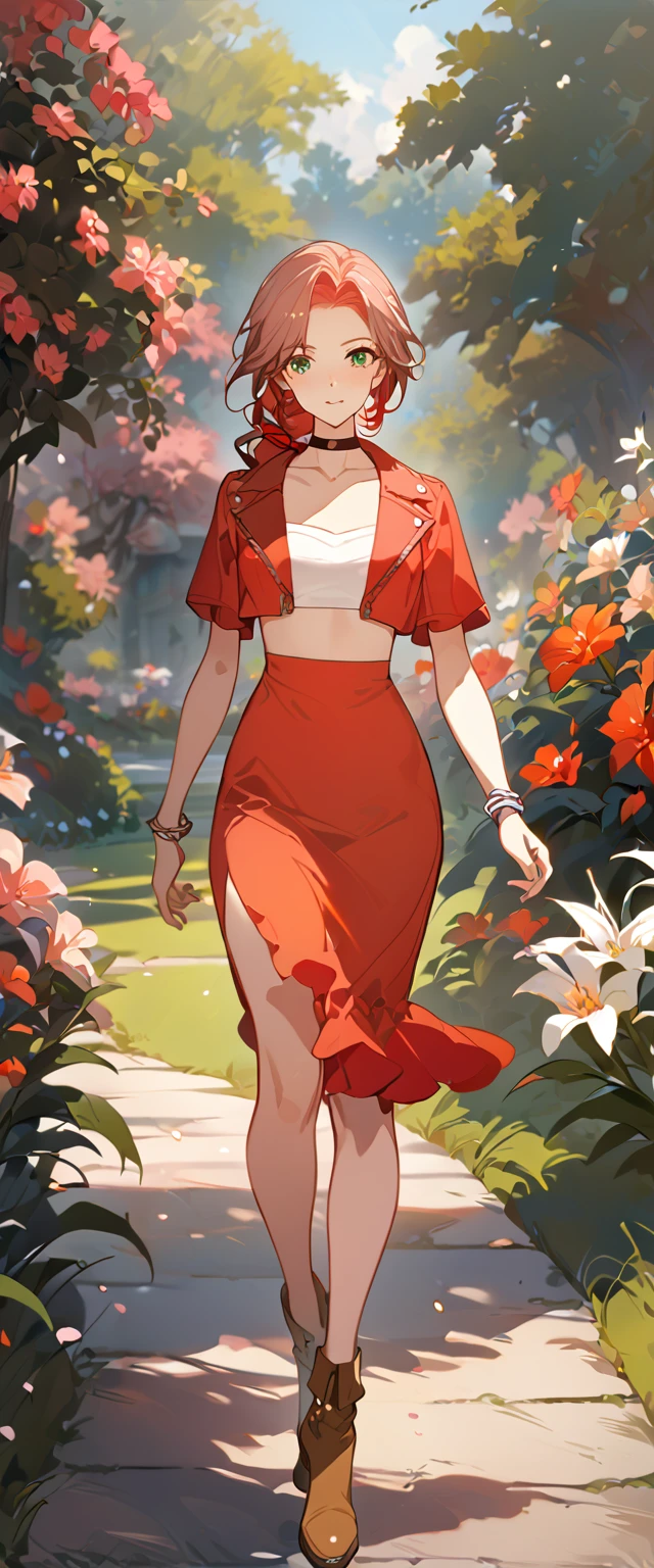 masterpiece, best quality, 8k, 4k, 1girl, aerith gainsborough, brown hair, braided, green eyes, red hair ribbon, braided long ponytail, red bolero jacket, cropped jacket, choker, long pink dress, pink hair bow, brown boots, bangles, walking in a garden, flowers, detailed background,, inspired by Asukaziye artist : ask, art style : ask