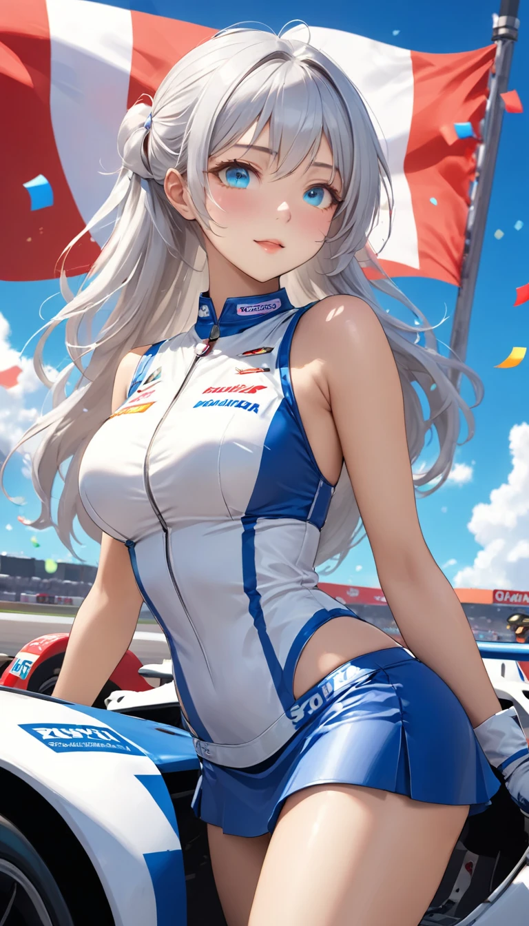 Highest quality, Super quality, 16K, Incredibly absurd, Very detailed, 2.5D, delicate and dynamic, blue sky, Confetti, Racing Car, flag, Small face, Extremely delicate facial expression, Delicate eye depiction, Extremely detailed hair, Upper body close-up, erotic, sole sexy lady, healthy shaped body, 22 years old lady, Race Queen, 170cm tall, big firm bouncing busts, white silver long hair, sexy long legs, Glowing Skin, , Flashy Race Queen costume, blue tight skirt, white leather long boots, Formula 1, Auto Racing Track