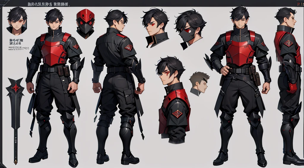 Character design sheet、boy、Smart black military uniform、Short Hair、Detailed face、Red Eyes、Body Armor