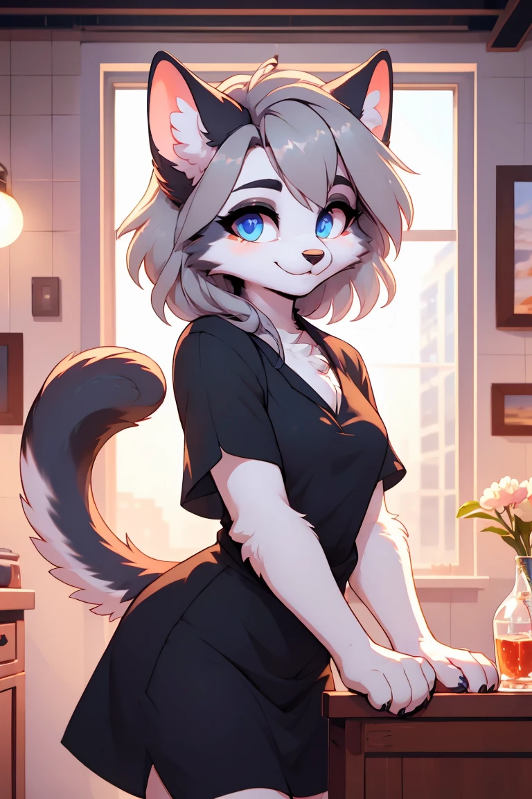 (anything), ((Masterpiece)) , ((Best Quality)), illustration, furry,
cat, animal ears, cola, body skin, 1 girl, to throw, Upper part of the body, 1 girl, Alone, wide, gray hair, *//*, blue eye, *//*, A white blouse, looking at the viewer, SMILE,