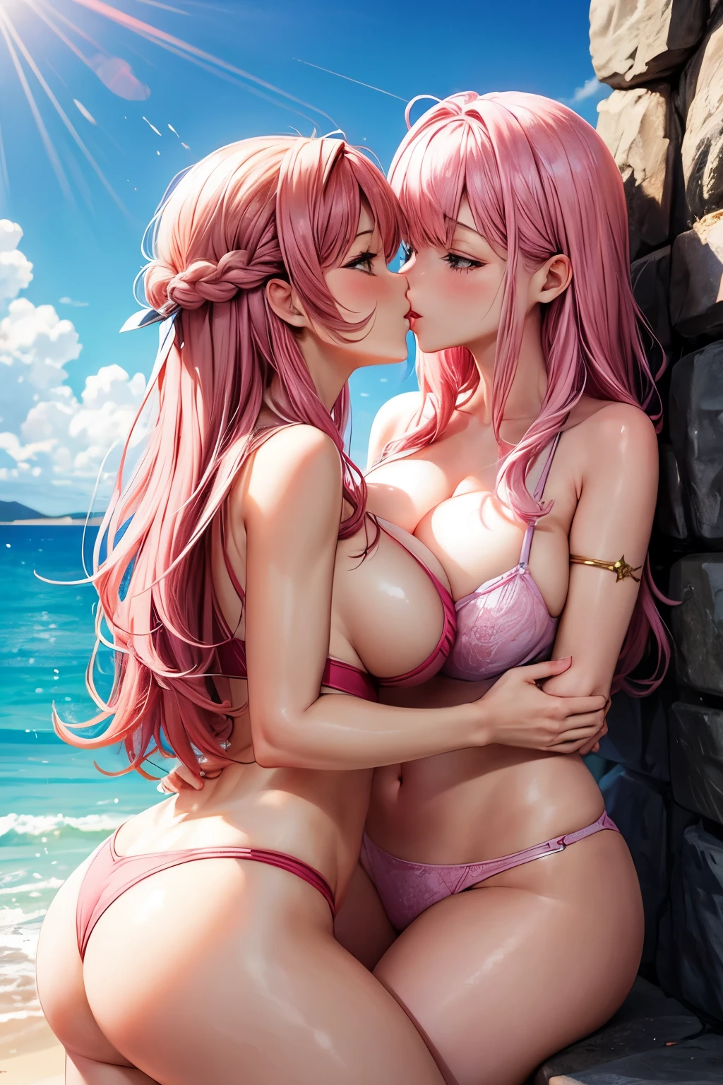 Two girls, big breasts, pink hair, kiss, sea
