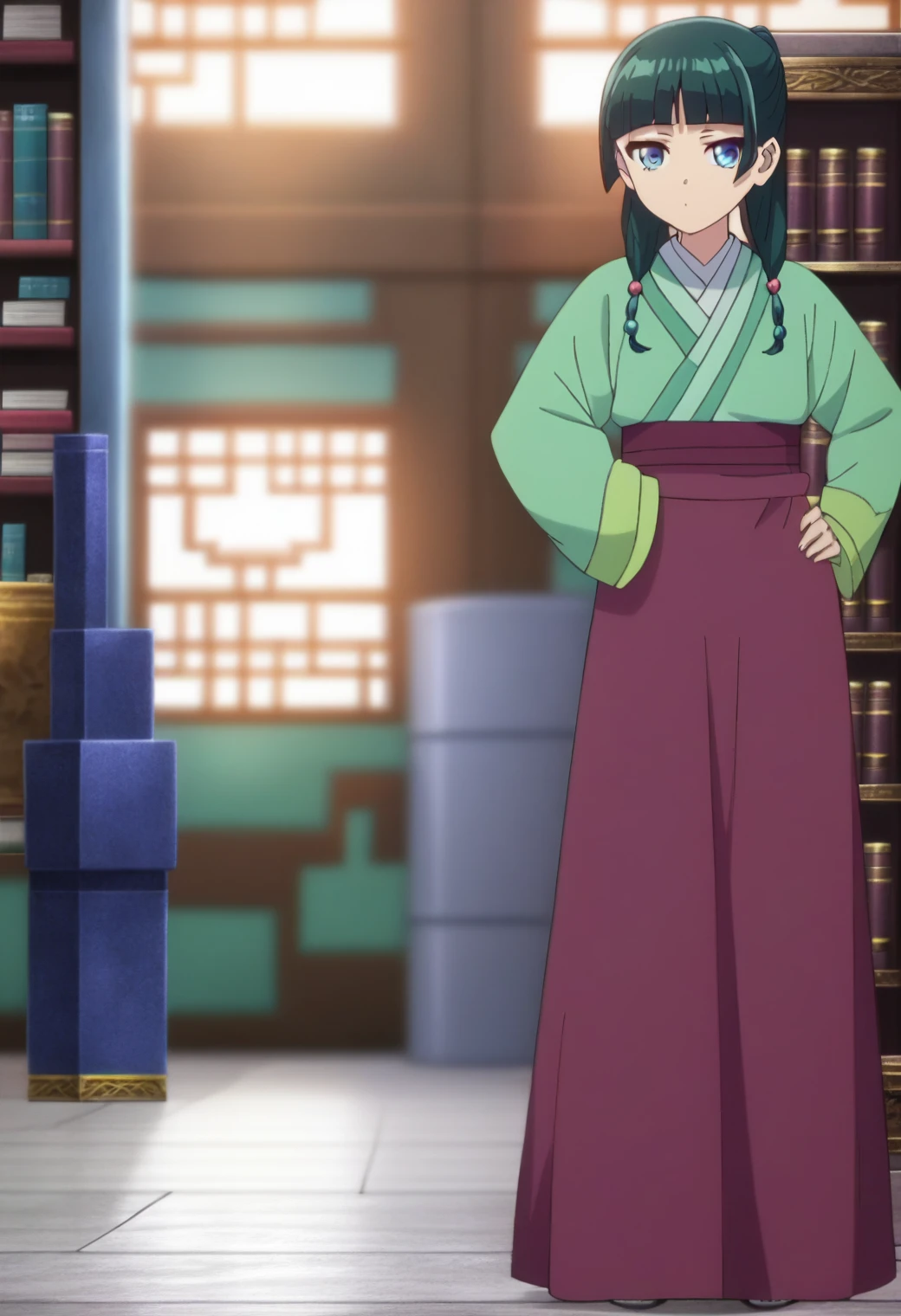 1girl, maomao, solo, green hair, long hair, blue eyes,hair ornament, BREAK
blurry foreground, bookshelf, closed mouth, depth of field, light green hanfu, default clothes, chinese clothes, long sleeves, wide sleeves, red hakama, default hairstyle, sidelocks, blunt bangs, hair beads, hair over shoulder, standing, low twintails, BREAK
score_9, score_8_up, score_7_up, score_6_up, anime, BREAK
(high quality, detailed, beautiful), shiny, detailed beautiful eyes, outstanding, countershading, detailed soft lighting, standing, hand on hip, full body