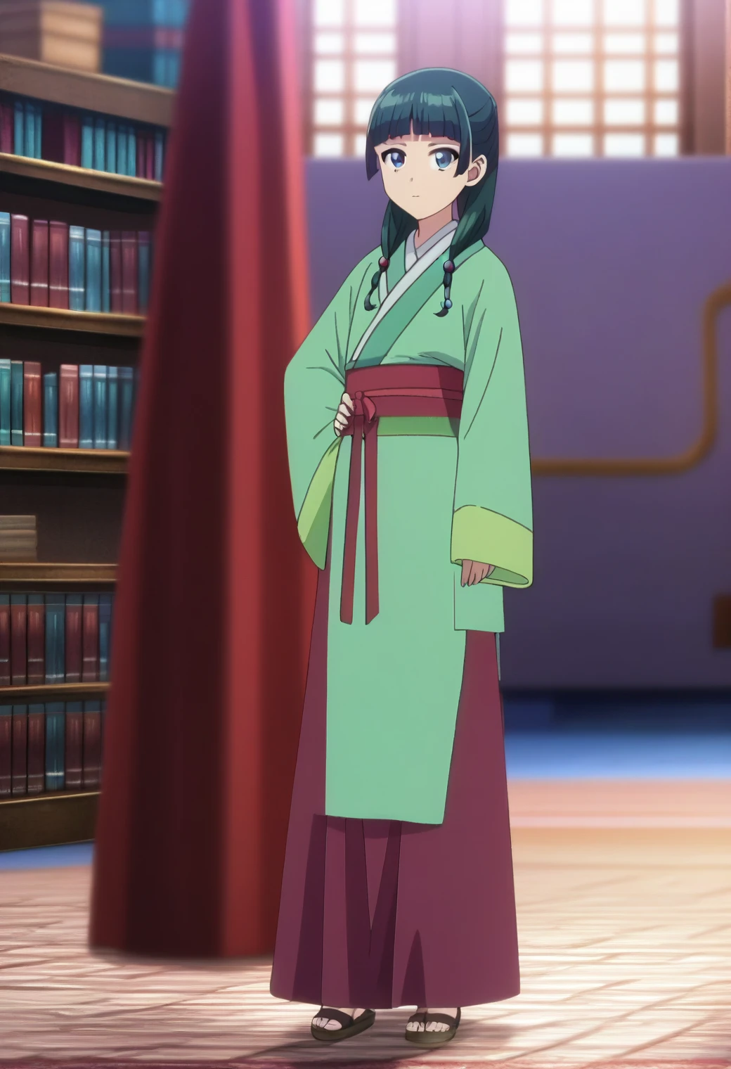 1girl, maomao, solo, green hair, long hair, blue eyes,hair ornament, BREAK
blurry foreground, bookshelf, closed mouth, depth of field, light green hanfu, default clothes, chinese clothes, long sleeves, wide sleeves, red hakama, default hairstyle, sidelocks, blunt bangs, hair beads, hair over shoulder, standing, low twintails, BREAK
score_9, score_8_up, score_7_up, score_6_up, anime, BREAK
(high quality, detailed, beautiful), shiny, detailed beautiful eyes, outstanding, countershading, detailed soft lighting, standing, hand on hip, full body