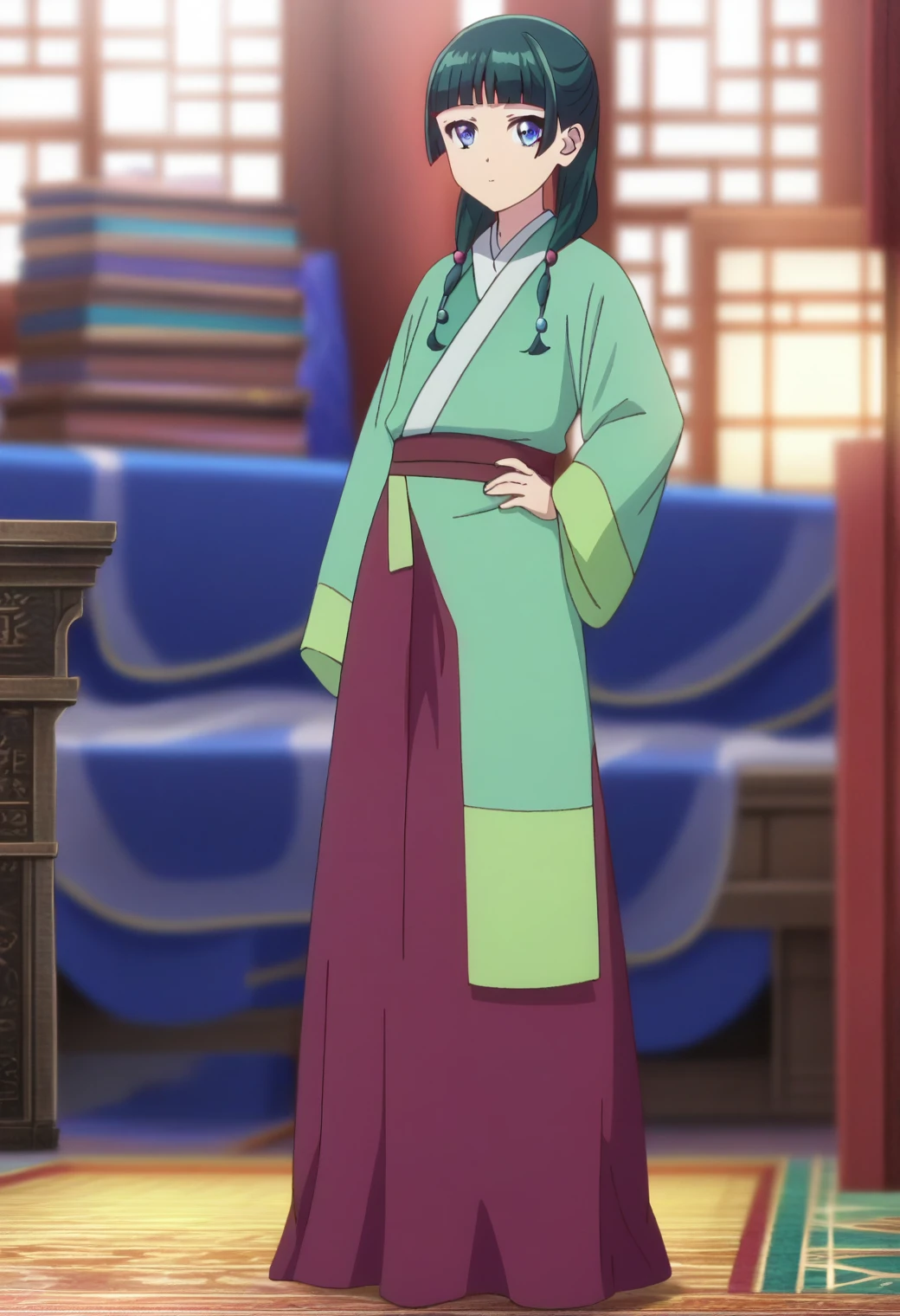 1girl, maomao, solo, green hair, long hair, blue eyes,hair ornament, BREAK
blurry foreground, bookshelf, closed mouth, depth of field, light green hanfu, default clothes, chinese clothes, long sleeves, wide sleeves, red hakama, default hairstyle, sidelocks, blunt bangs, hair beads, hair over shoulder, standing, low twintails, BREAK
score_9, score_8_up, score_7_up, score_6_up, anime, BREAK
(high quality, detailed, beautiful), shiny, detailed beautiful eyes, outstanding, countershading, detailed soft lighting, standing, hand on hip, full body