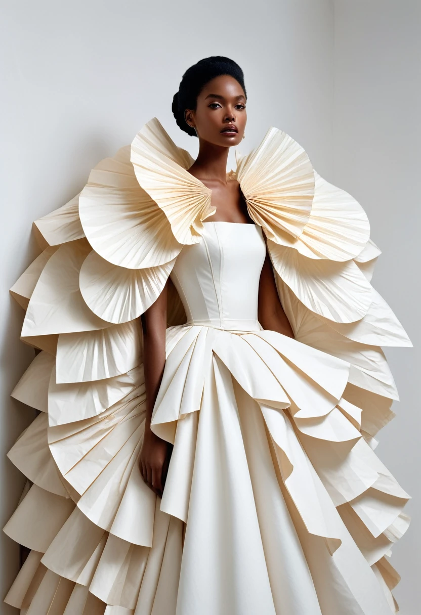 A model wears an outfit made of large paper fans, which is in the shape of a shawl or cape and is draped over her shoulders like ruffles on wedding dresses. The wedding dress has no sleeves and forms with its folded paper effect a beautiful shoulder skin that falls into its opening. It stands in front of a white wall. in the style of JeanPaul Goude, in the style of Tim Walker, hyperrealistic photography, magic realism style, white colors, fashion magazine cover photo.