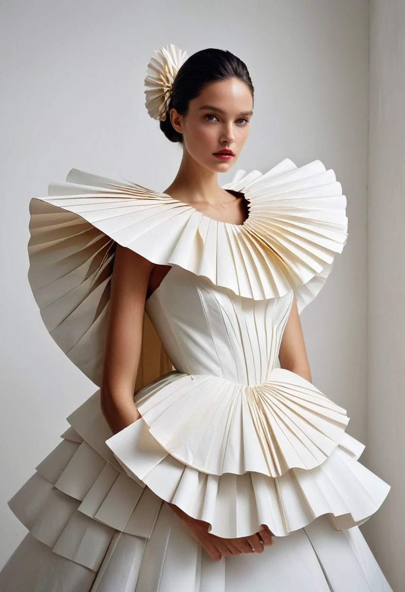 A model wears an outfit made of large paper fans, which is in the shape of a shawl or cape and is draped over her shoulders like ruffles on wedding dresses. The wedding dress has no sleeves and forms with its folded paper effect a beautiful shoulder skin that falls into its opening. It stands in front of a white wall. in the style of JeanPaul Goude, in the style of Tim Walker, hyperrealistic photography, magic realism style, white colors, fashion magazine cover photo.
