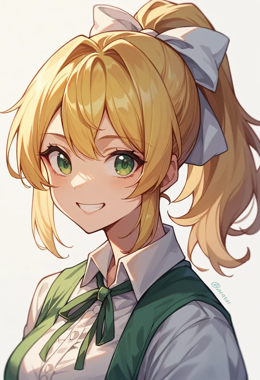Highest quality、Super detailed、Yellow Hair、had green eyes、1 cute smiling anime girl、White ribbon、ponytail、Bust up shot