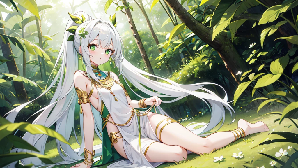 1 , white long hair, ponytail on side with leaves-like hair ornament, wearing color white and green egyptian outfit, white short, no shoes, green eyes with clover in the middle, bracelet, absurdness, high res, ultrasharp, 8k, masterpiece, inside a forest with animals