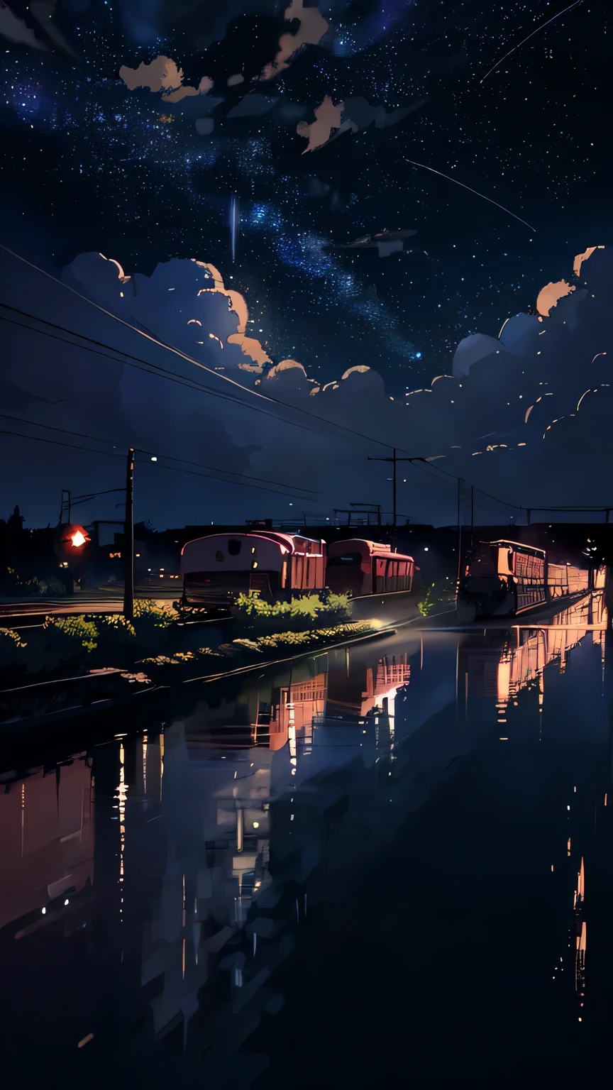 masterpiece, Animated train passing through water on the tracks, Bright starry sky. Romantic Train, Photo by Makoto Shinkai, Pixiv, Concept Art, Lofi Art style, reflection. by Makoto Shinkai, Lofi Art, Beautiful anime scene, Anime scenery, Detailed Landscape — Width 672, in Makoto Shinkai's Style, Makoto Shinkai's Style, Enhanced Details.