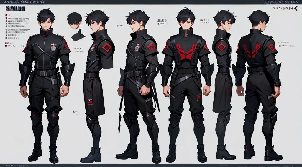 Character design sheet、boy、Smart black military uniform、Short Hair、Detailed face、Red Eyes、Body Armor