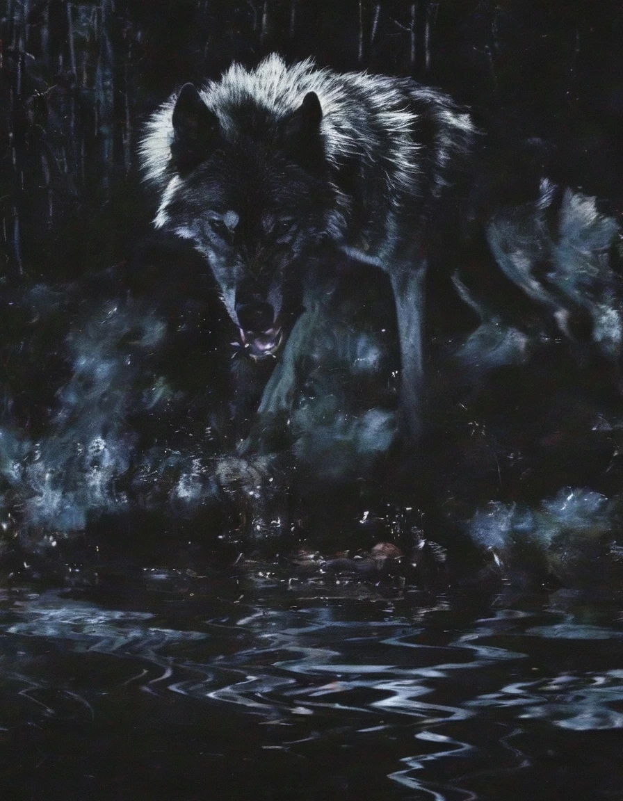 wolf in ZGLITCHZ style, dark forest background