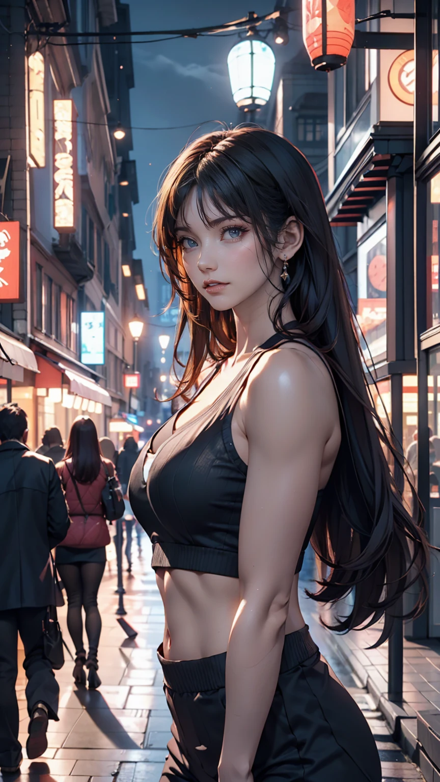 Rainy night,city,Beautiful woman with gal make-up wearing a sports suit on the busy street of Gintama, Surrounded by sellers, Beautiful portrait of a stunning goddess girl, Beautifully detailed face, Porcelain-like skin, Full Body Shot, Centered, Super soft lighting, Symmetric, Complex, elegant, Very detailed, Realistic, Art Station, Concept Art, Smooth, Imagined by Greg Rutkowski and Boris Vallejo, cover, Trendy style