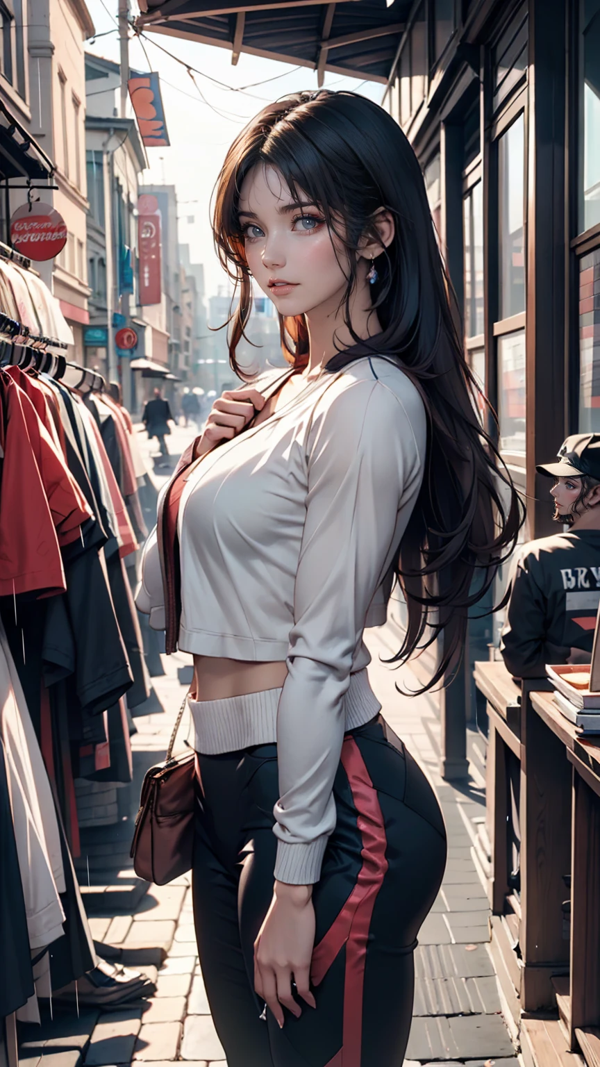 Rainy night,city,Beautiful woman with gal make-up wearing a sports suit on the busy street of Gintama, Surrounded by sellers, Beautiful portrait of a stunning goddess girl, Beautifully detailed face, Porcelain-like skin, Full Body Shot, Centered, Super soft lighting, Symmetric, Complex, elegant, Very detailed, Realistic, Art Station, Concept Art, Smooth, Imagined by Greg Rutkowski and Boris Vallejo, cover, Trendy style