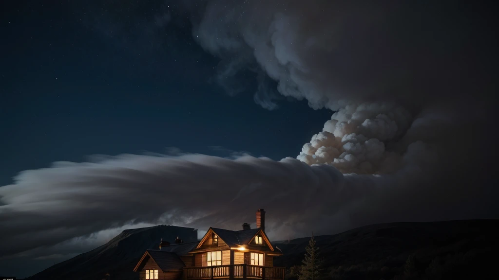 make a creative image with a house coming out of smoke from the chimney , right at the bottom of the image and at night  
