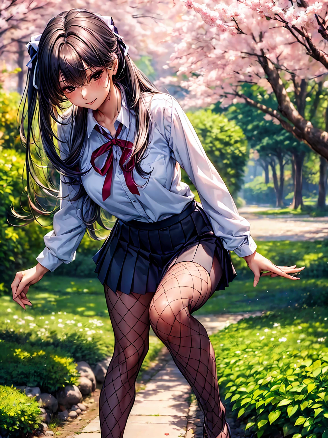 (((Highest quality、masterpiece、Very high resolution)))、Beauty Painting、Strong-willed beautiful girl:18-year-old、Beautiful body:Slender Beautiful Breasts、Beautiful Face:smile、Beautiful Hairstyles、Tall、Beautiful legs、 Best skin and hair texture、((High School Uniform:White Shirt:ribbon:blazer,Fishnet tights:Knee-length、Pleated skirt:mini skirt))、Beautiful park、There is a pond surrounded by cherry trees.、Natural light、Beautiful views、Beautiful colors、(Beautiful pose:Raise your arms to show your sides)、Accurate Images:1.5、Accurate anatomy:1.5、Perfect Image、Perfect Image、Overall image、(Best Shot、RAW Photos:1.2)
