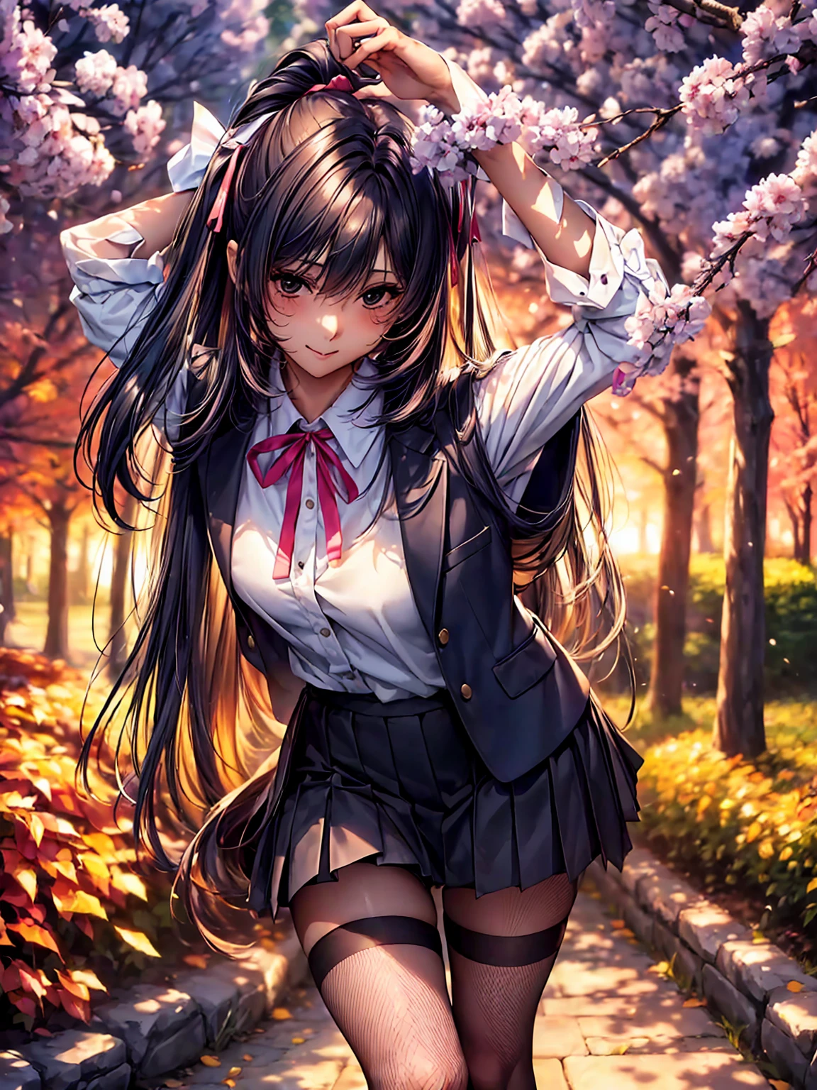 (((Highest quality、masterpiece、Very high resolution)))、Beauty Painting、Strong-willed beautiful girl:18-year-old、Beautiful body:Slender Beautiful Breasts、Beautiful Face:smile、Beautiful Hairstyles、Tall、Beautiful legs、 Best skin and hair texture、((High School Uniform:White Shirt:ribbon:blazer,Fishnet tights:Knee-length、Pleated skirt:mini skirt))、Beautiful park、There is a pond surrounded by cherry trees.、Natural light、Beautiful views、Beautiful colors、(Beautiful pose:Raise your arms to show your sides)、Accurate Images:1.5、Accurate anatomy:1.5、Perfect Image、Perfect Image、Overall image、(Best Shot、RAW Photos:1.2)