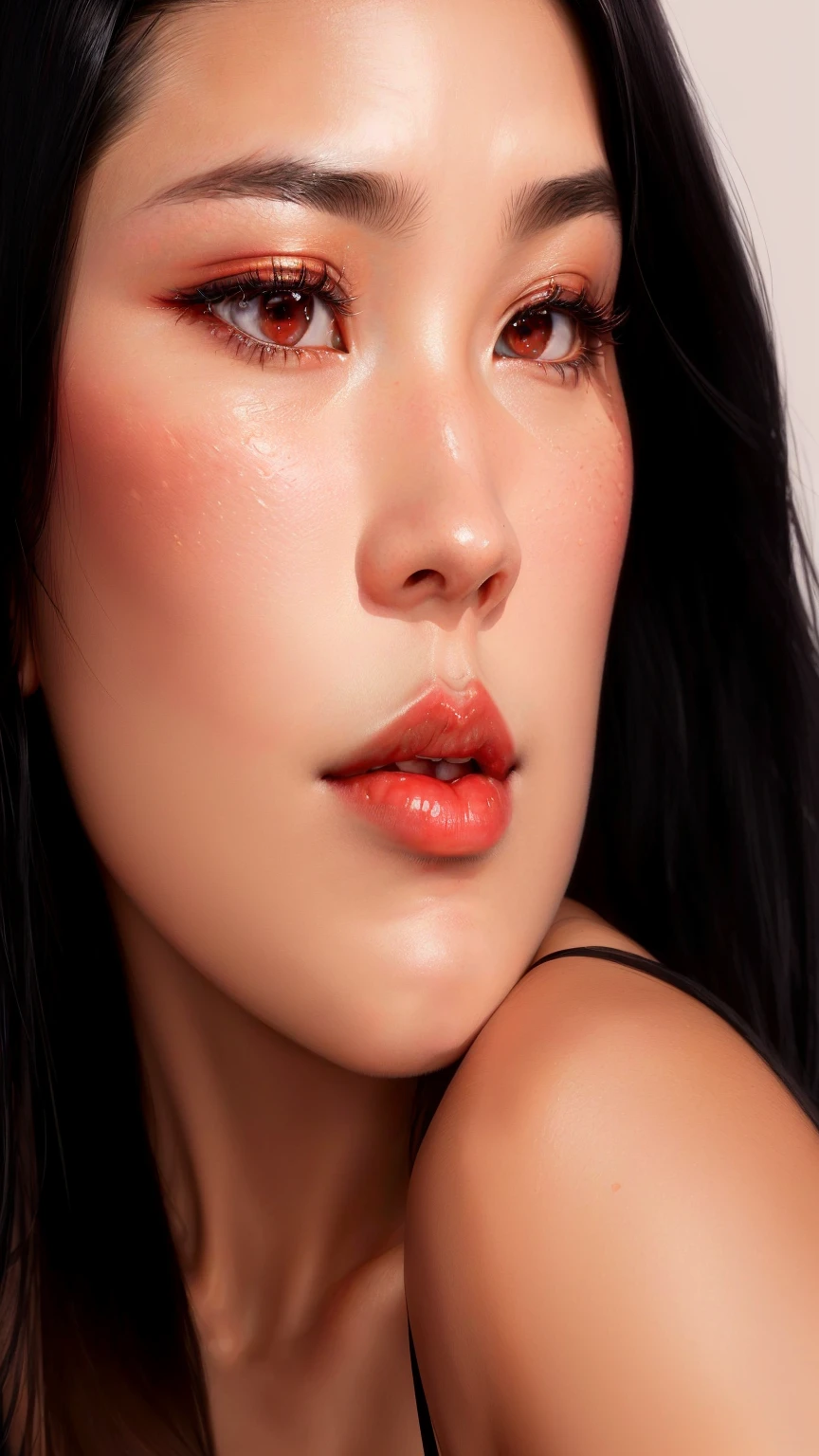 there is a woman with long black hair and a red lipstick, red lipstick on face, woman's face looking off camera, bright red lipstick, an asian woman, detailed face of a asian girl, detailed face with red lips, portrait of mulan, asian face, light-red lips, faint red lips, sexy face with full makeup, closeup shot of face. Close up photoshoot of model face, natural looking eyelash individual extensions, volume eyelash extensions, toned skin, high detailed image, masterpiece, highest quality, model look into space, studio light, white background, 50mm lens, close up portrair, focuec on eyes, focus on eylash extensions, eyelash extensions commercial photoshoot, naked bare shoulders