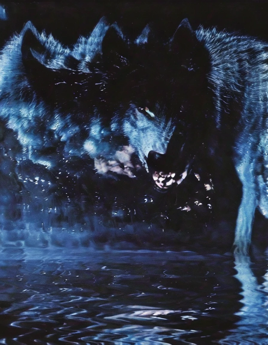wolf in water, ZGLITCHZ style, dark forest background