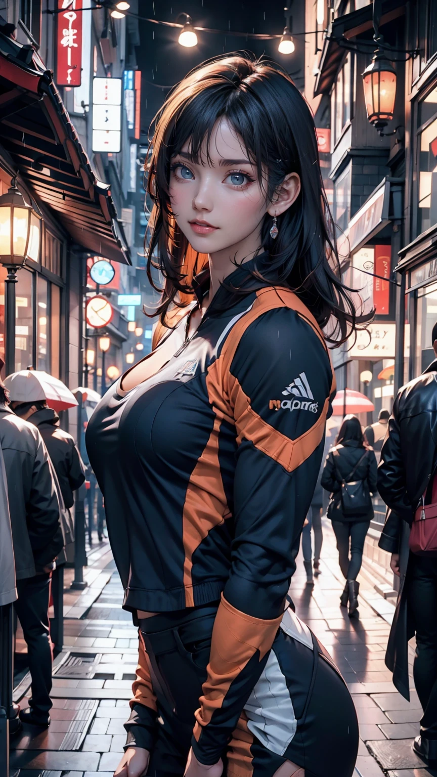 Rainy night,city,Beautiful woman with gal make-up wearing a sports suit on the busy street of Gintama, Surrounded by sellers, Beautiful portrait of a stunning goddess girl, Beautifully detailed face, Porcelain-like skin, Full Body Shot, Centered, Super soft lighting, Symmetric, Complex, elegant, Very detailed, Realistic, Art Station, Concept Art, Smooth, Imagined by Greg Rutkowski and Boris Vallejo, cover, Trendy style