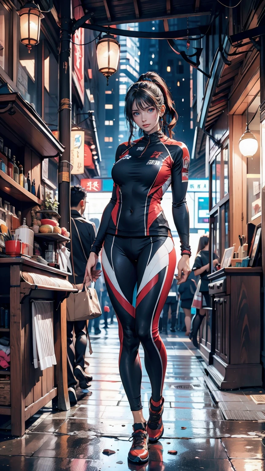 Rainy night,city,Beautiful woman with gal make-up wearing a sports suit on the busy street of Gintama, Surrounded by sellers, Beautiful portrait of a stunning goddess girl, Beautifully detailed face, Porcelain-like skin, Full Body Shot, Centered, Super soft lighting, Symmetric, Complex, elegant, Very detailed, Realistic, Art Station, Concept Art, Smooth, Imagined by Greg Rutkowski and Boris Vallejo, cover, Trendy style