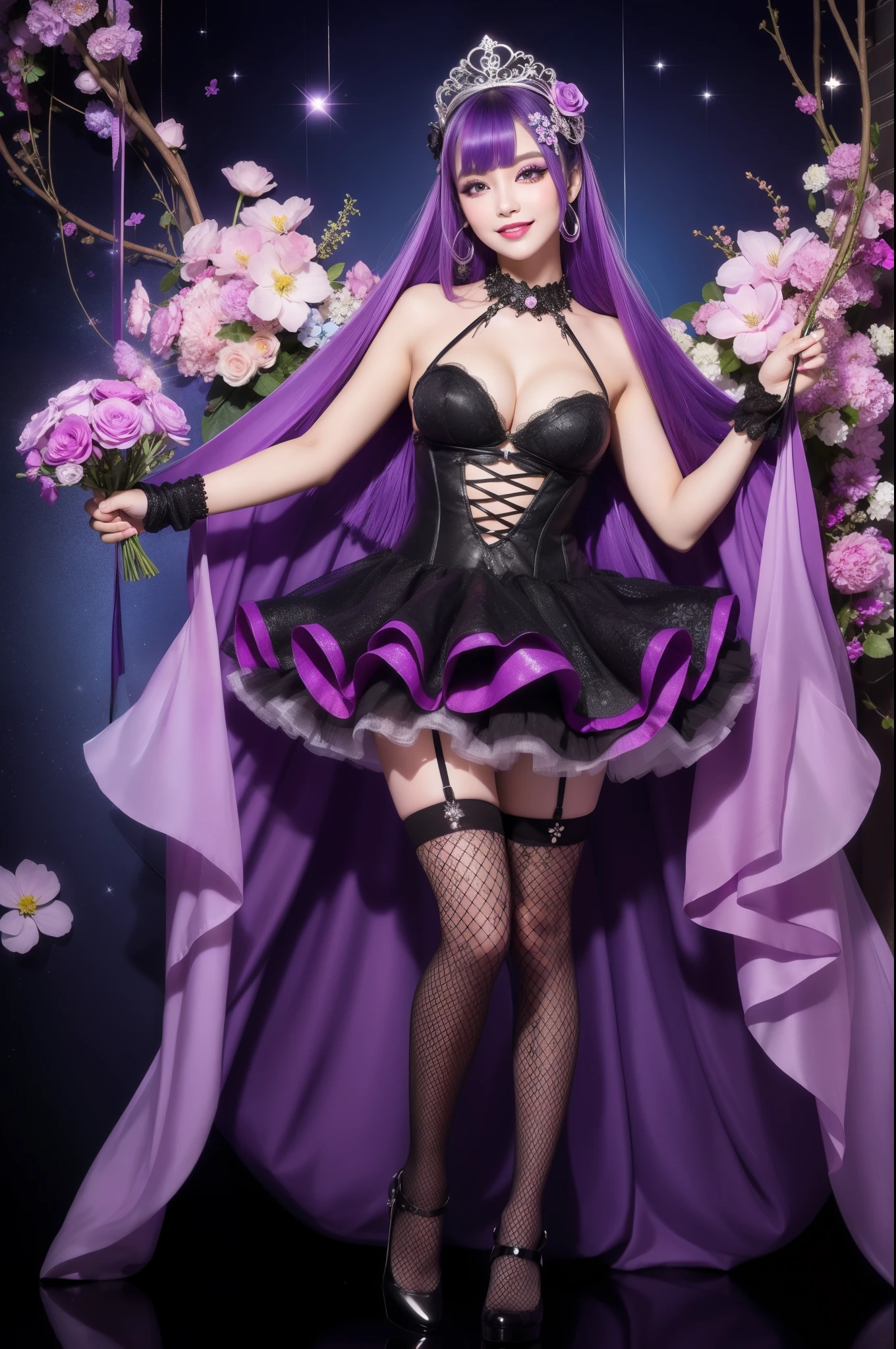 sexy woman who controls poison、beautiful smile、lip-gloss、long lashes、smokey eye-makeup、full body Esbian、、sparkling poisoned flower costume、、、、sparkling Colorful hair、secrete poison、skull hair accessories、fishnet tights、flowers background