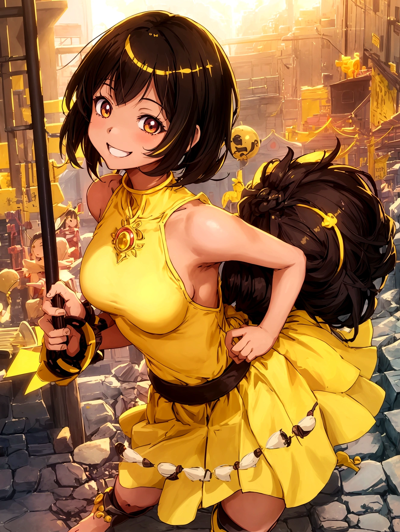 roleplaying game、Anime Style、Cheerful girl、Brown skin、RPG Games、Yellow long skirt-type equipment、、Very small breasts、Armament、Black Hair、short hair、Naughty、Mischievous、Smiling with teeth showing、Hands on hips、Hall々Stand with、Village Background、Bustling market