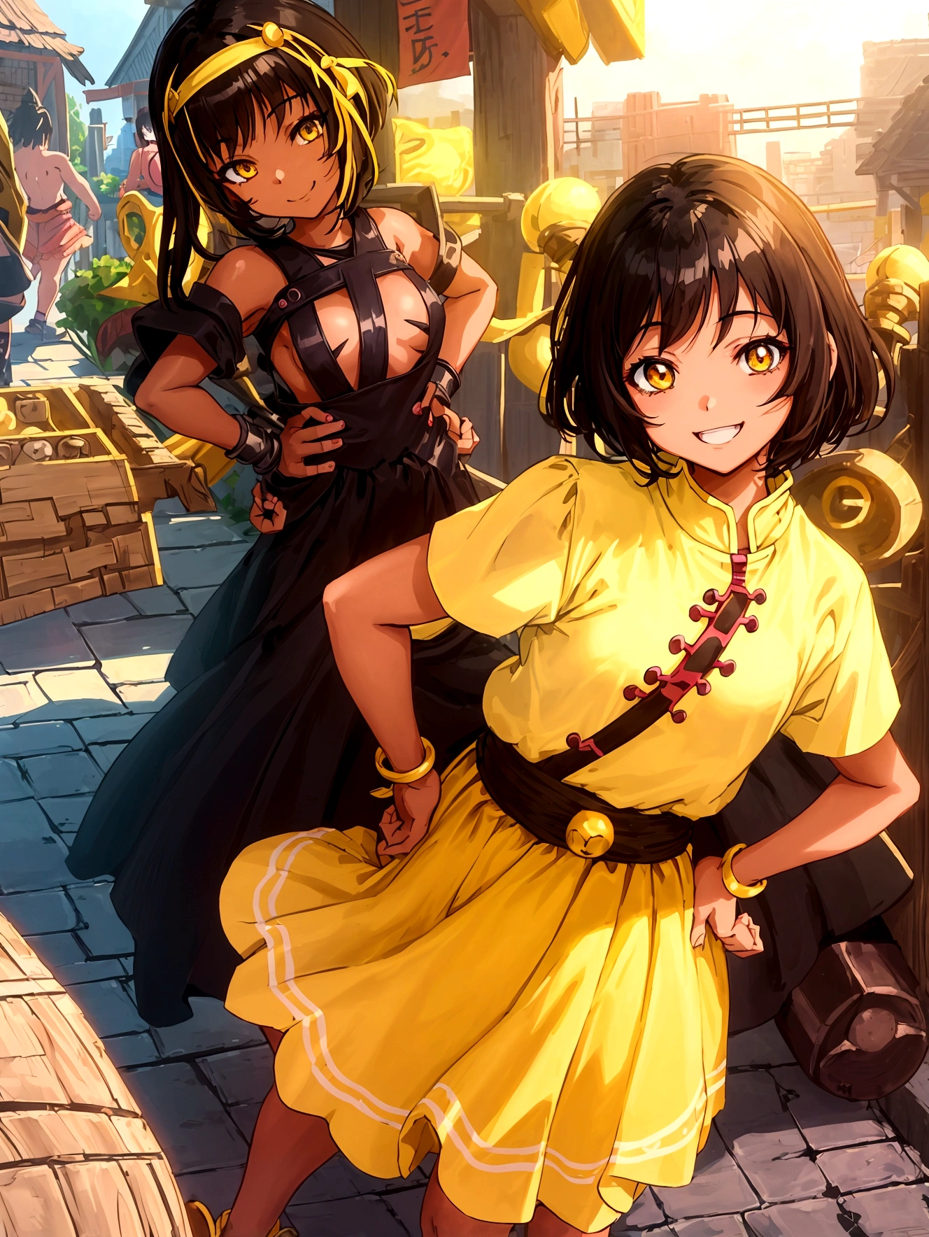 Anime Style、Cheerful girl、Brown skin、RPG Games、Yellow long skirt-type equipment、、Very small breasts、Armament、Black Hair、short hair、Naughty、Mischievous、Smiling with teeth showing、Hands on hips、Hall々Stand with、Village Background、Bright atmosphere、Bustling market
