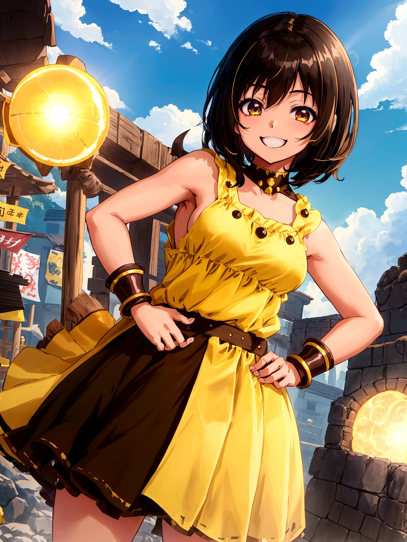 Anime Style、Cheerful girl、Brown skin、RPG Games、Yellow long skirt-type equipment、、Very small breasts、Armament、Black Hair、short hair、Naughty、Mischievous、Smiling with teeth showing、Hands on hips、Hall々Stand with、Village Background、Bright atmosphere、Bustling market