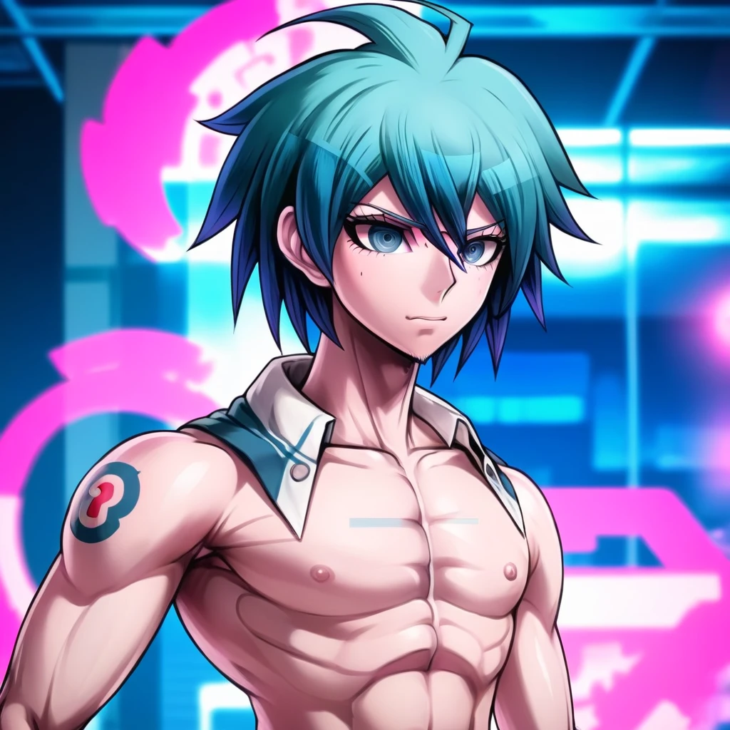 Man, pink, creative design, Blue hair, danganronpa style, thick lines, full-body portrait, detailed face, Blurred background, anatomically correct, muscular