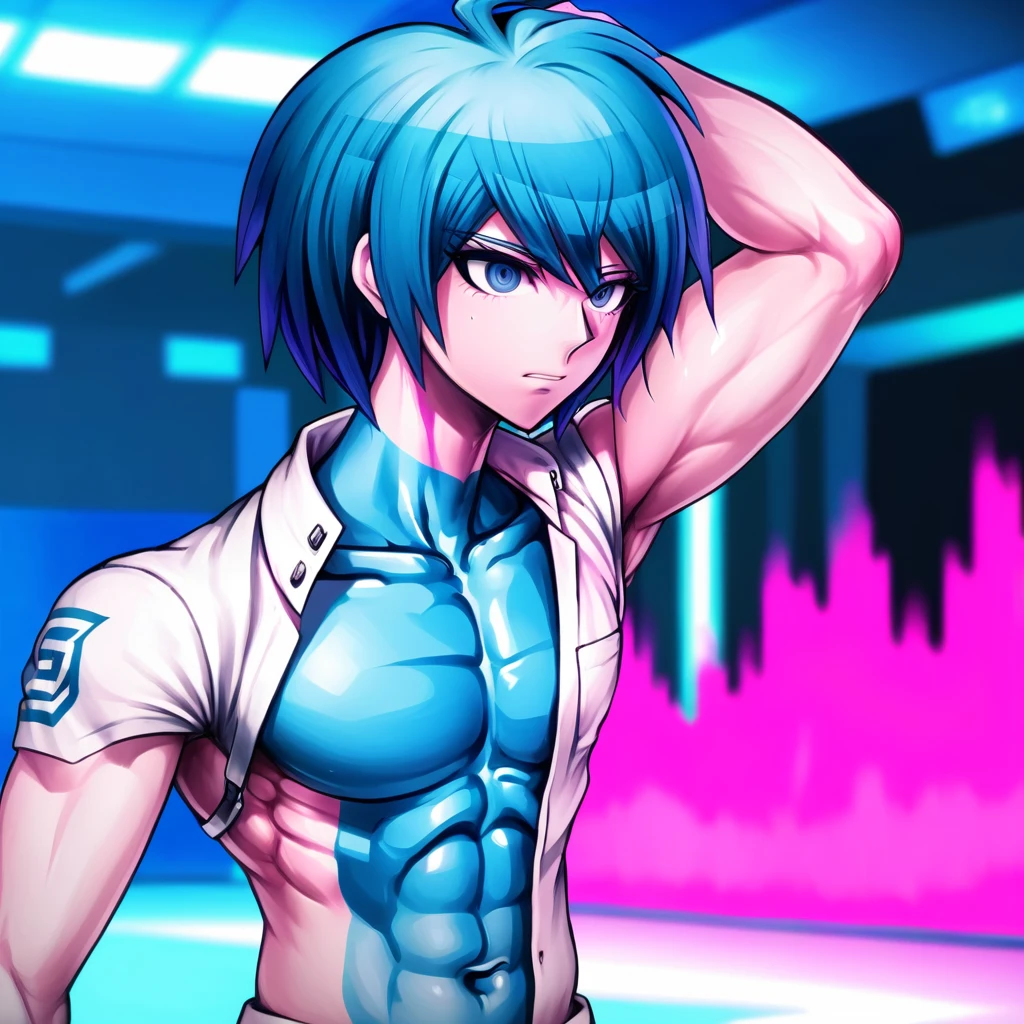 Man, pink, creative design, Blue hair, danganronpa style, thick lines, full-body portrait, detailed face, Blurred background, anatomically correct, muscular