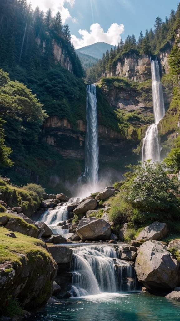 Breathtaking waterfalls cascading down towering mountainsides、It creates a fascinating scene that represents the pinnacle of landscape art.。This 8K CG Unity masterpiece、Showcasing the waterfall in exquisite detail、Each drop sparkles and shines in the bright sunlight.。Theatrical rays of light pierce the cloudy sky、Surrounding mountains々Cast a dramatic shadow on、Enhances the enchanting charm of the waterfall。 The flowing water seems to dance gracefully around the jagged rocks.、Seamlessly transition from a quiet pool to a roaring spring。The artist has captured the essence