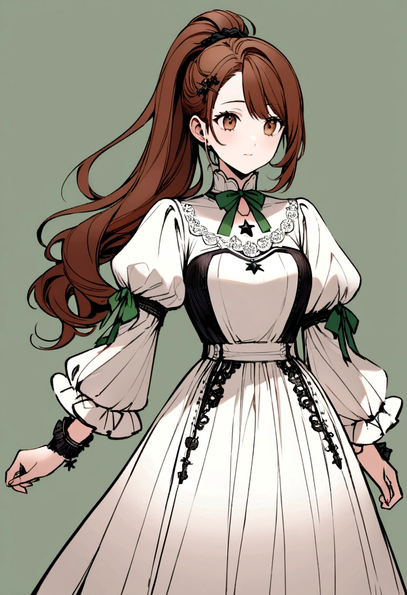 Reddish brown hair styled in a ponytail, a green bow along with a black hairpin. white shirt with puffed sleeves, star necklace, slightly long white skirt with black details at the end. black shoes with white details