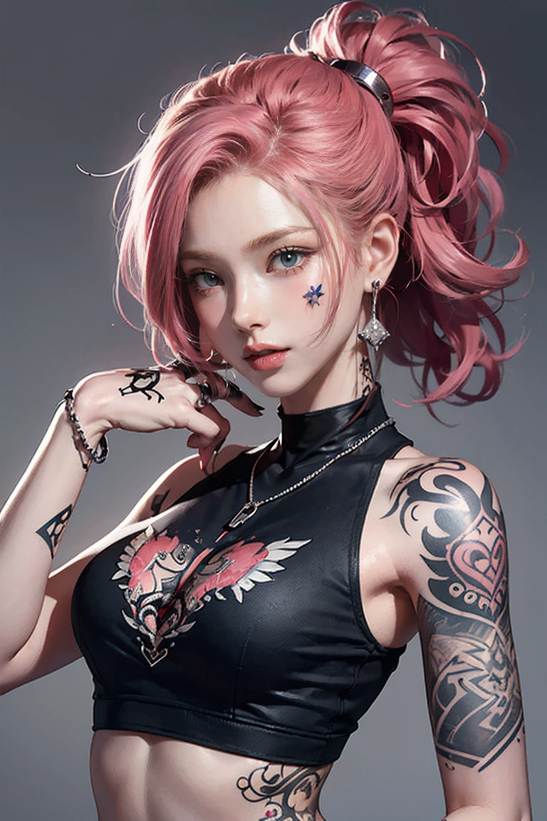 Pink Hair, Perfect Style, Beautiful Face, Highly detailed face and skin texture, (Maximum resolution: 1.2), 1 female, alone, Hip Up, jewelry, (((She has many tattoos all over her body)), Streetwear, I'Exercising at the gym, Pink Hair, Shorts, Sports boots, (((Tight waist))), ((Big Breasts)),NSFW