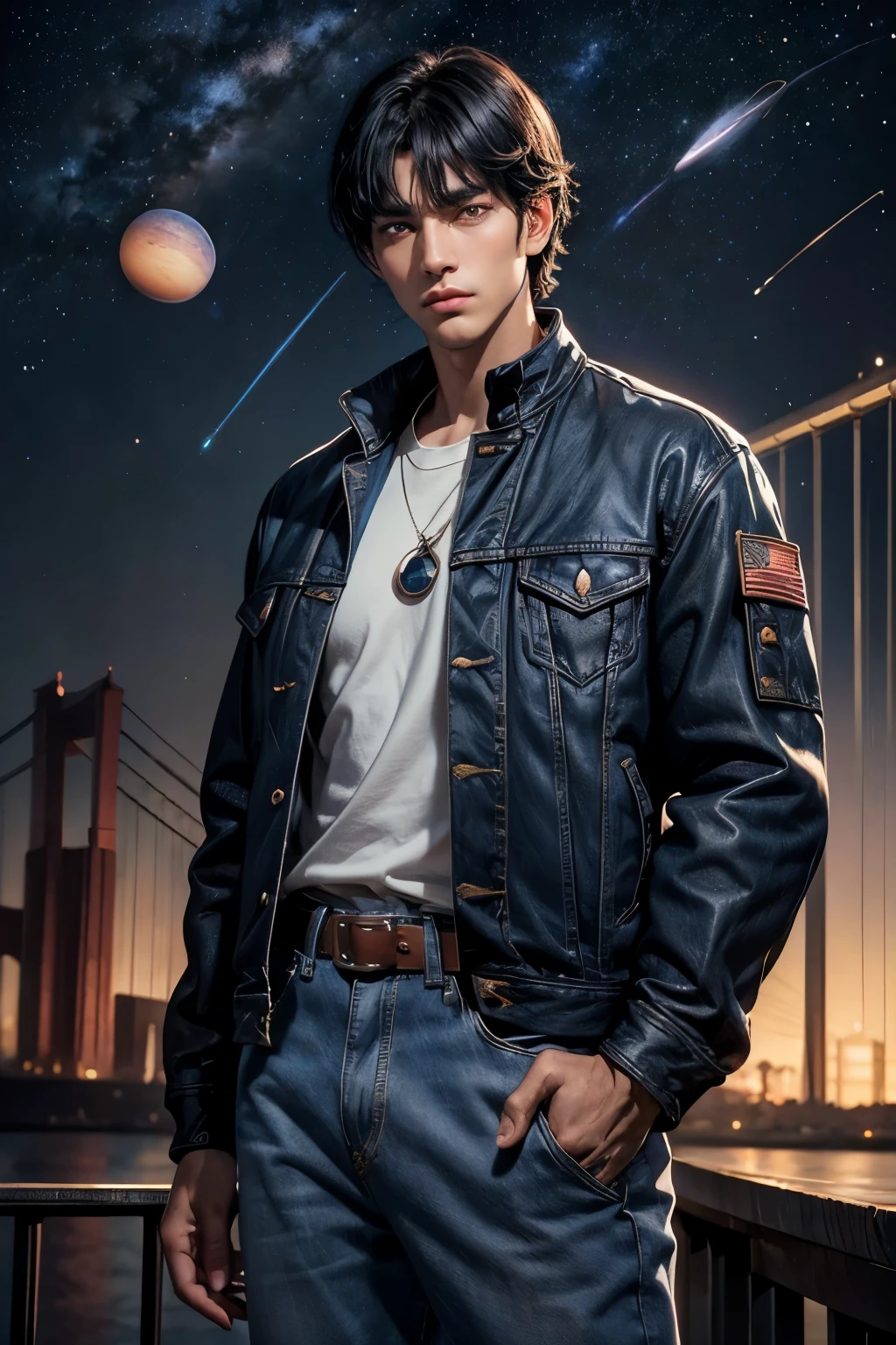 A handsome man. Black hair. Her bangs are down. eighteen. Beautiful double eyes. The bridge of my nose. Well-shaped lips. He is looking at the camera with a defiant expression. An image of planets and outer space strung together in a string in the space behind the man. The man is wearing blue jeans as a jacket.