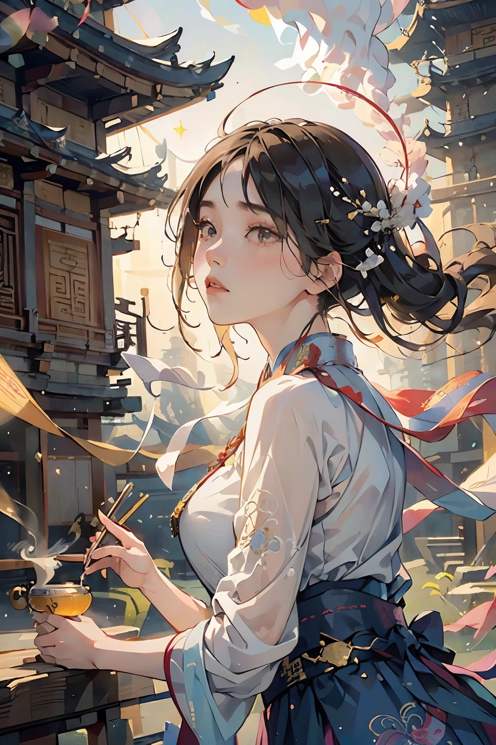 (zhongfenghua, 1girl, solo, hanfu, ancient_chinese_architecture, flower field, blossom, (white smoke:1.3) (photorealistic:1.4), zentangle, mandala, entangle, official art, unity 8k wallpaper, ultra detailed, beautiful and aesthetic, masterpiece, best quality, (dynamic angle:1.4), glowing skin, (floating colorful sparkles:1) the girl is gracefully posed amidst the ancient Chinese architecture. She dons a traditional hanfu, the embroidery and details of which are meticulously depicted, blending seamlessly with the
