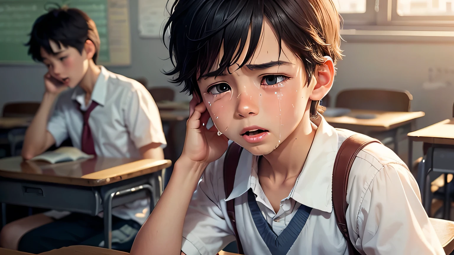 A boy crying in the classroom.