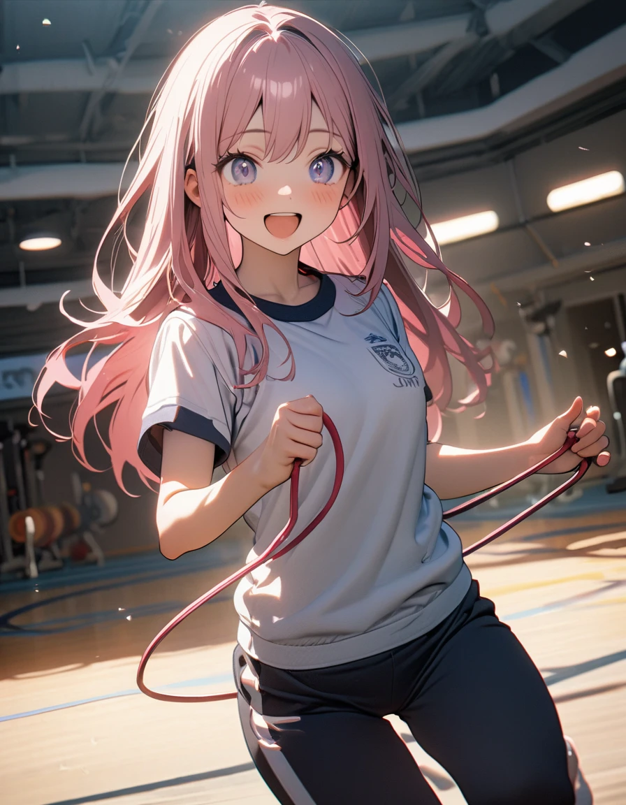 (8K, best quality, master piece: 1.2), super high resolution,1 girl,solo,16yo,ultra-detailed face,detailed eyes,happy,Jumping,(holding a jump rope),school gym clothes,Straight hair,Long hair,Smoky pink hair,rim light,indoors Fitness center