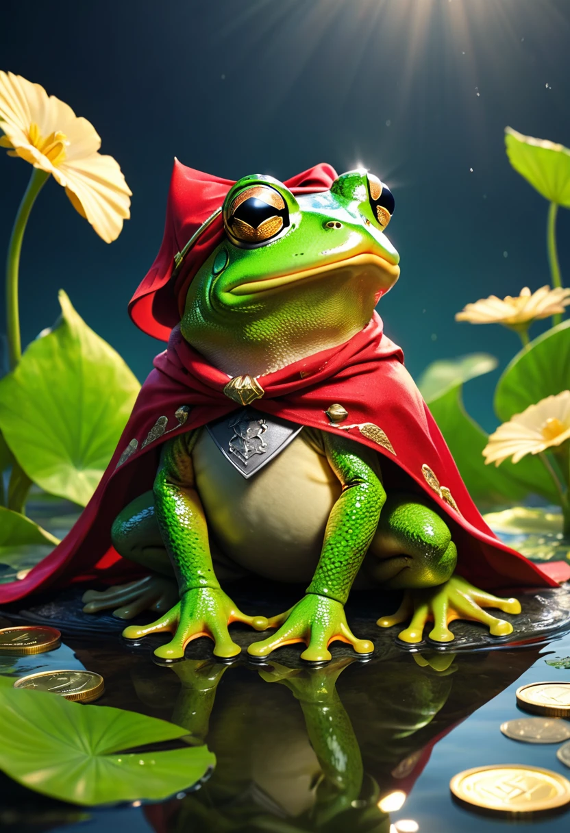 knight frog, Cool frog, Pop frog, simple background,Bandana, swims in a pond full of money, Brave, Cape, Best quality, Super detailed, ultra high Resolution, Octadale, 8k,