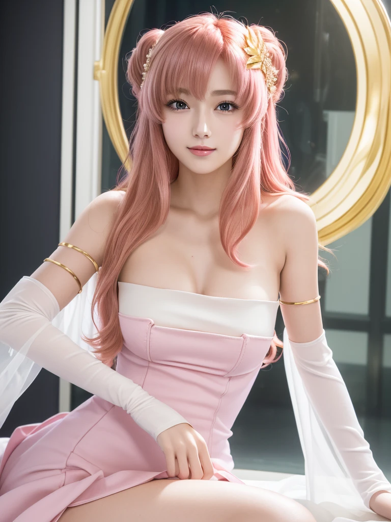 (Highest quality、4K、8K, masterpiece:1.3), Ultra detailed face, Detailed lips, Detailed eyes, double eyelid, 
BREAK, 
smile, (Seductive pose:1.5), 
BREAK,1girl, 20 years old, (Generous Breasts:1.3), (Plump shape:1.2),
BREAK ,
lacus clyne, (purple eyes:1.1), hair ornament, long hair, wave hair ornament, (pink hair),
BREAK,
(Golden hair ornament), ((White Dress, Removable sleeves, Pink sleeves, Short sleeve, Sleeveless dress, Strapless, Strapless dress)),