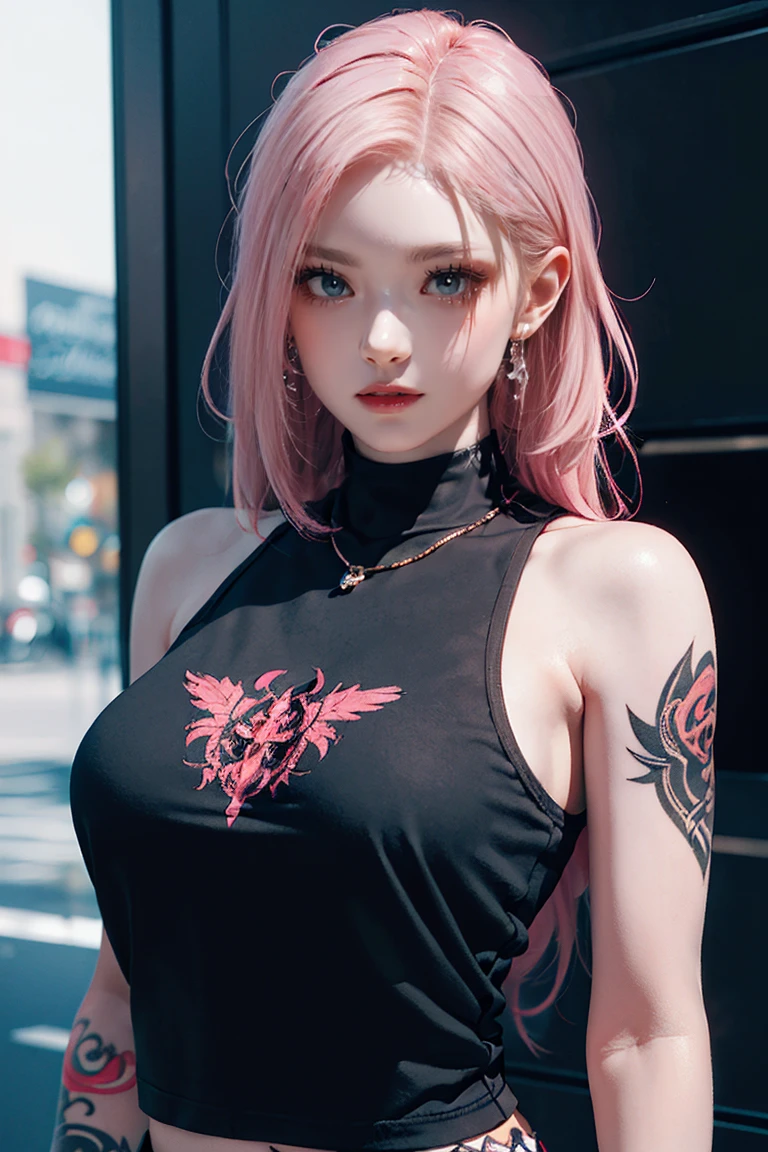 Pink Hair, Perfect Style, Beautiful Face, Highly detailed face and skin texture, (Maximum resolution: 1.2), 1 female, alone, Hip Up, jewelry, (((She has many tattoos all over her body)), Streetwear, I&#39;Exercising at the gym, Pink Hair, Shorts, Sports boots, (((Tight waist))), ((Big Breasts)),NSFW