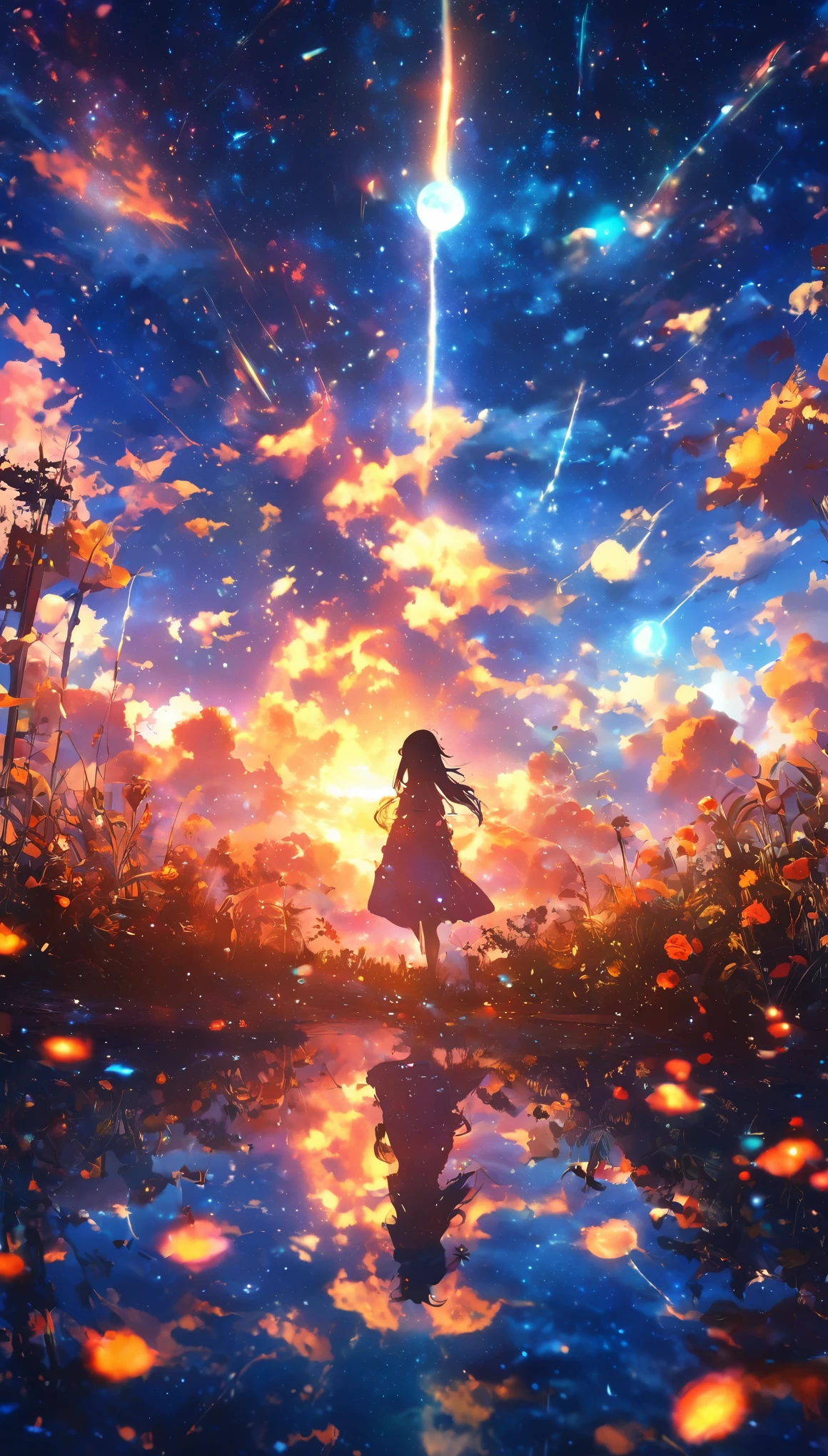 masterpiece, Concept Art, Panorama, in the center, shape, Wide Shot, garden, night, (meteor), Space galaxy background, (Great composition, Epic scale), Dynamic Lighting, Bright colors, Blue rose,landscape black hair, longeyelashes, solid circle eyes, ccurate, gradient hair, mole under eye, glowing eyes, eyeball, sad, drop shadow, anaglyph, stereogram, tachi-e, ass pov, atmospheric perspective, anime style, chromatic aberration, cinematic lighting, reflection light, 8K, super detail, best quality, uhd, high details, textured skin