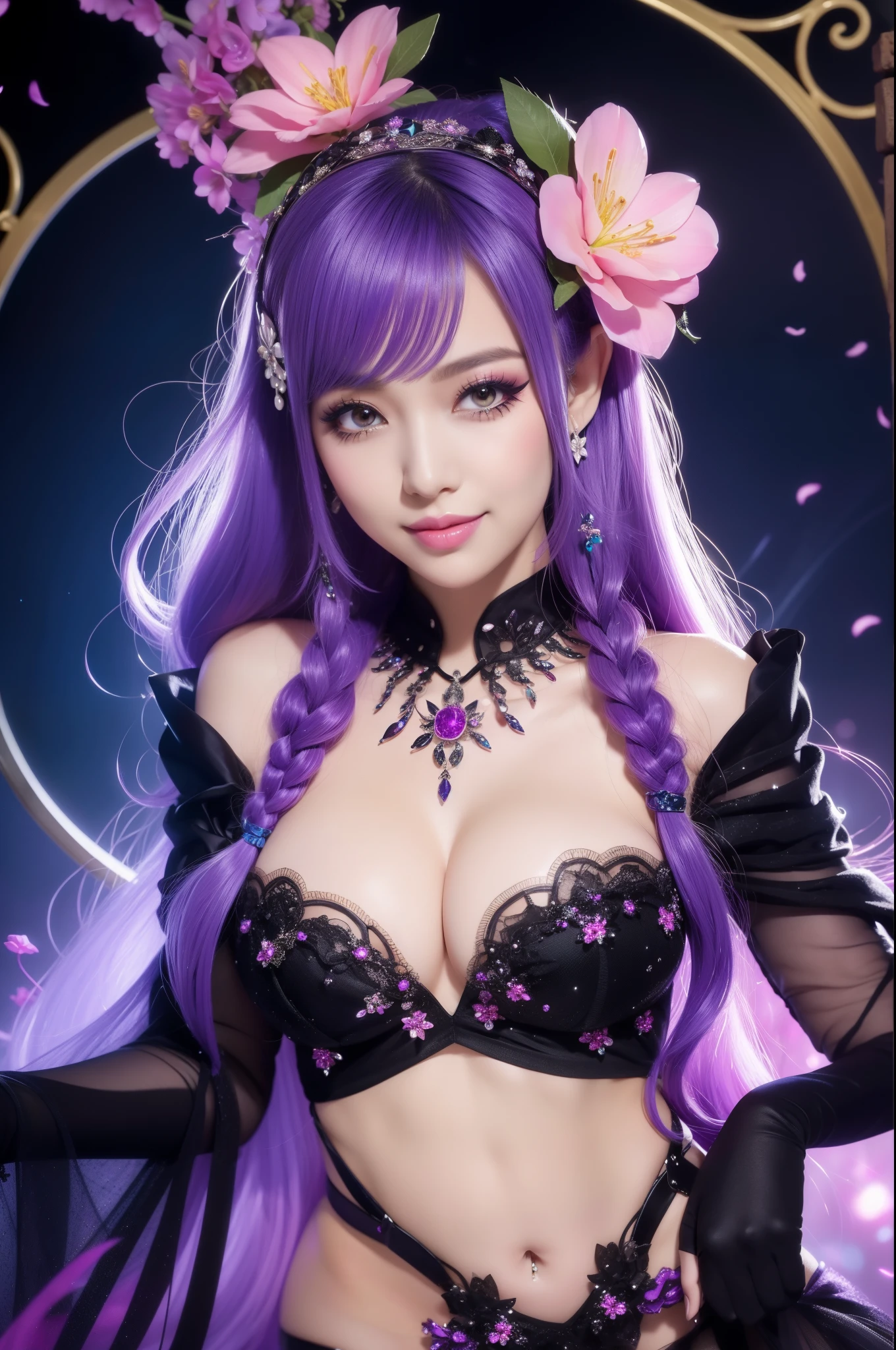 sexy woman who controls poison、beautiful smile、lip-gloss、long lashes、smokey eye-makeup、full body Esbian、、sparkling poisoned flower costume、、、、sparkling Colorful hair、secrete poison、skull hair accessories、ultra detailed tights、flowers background